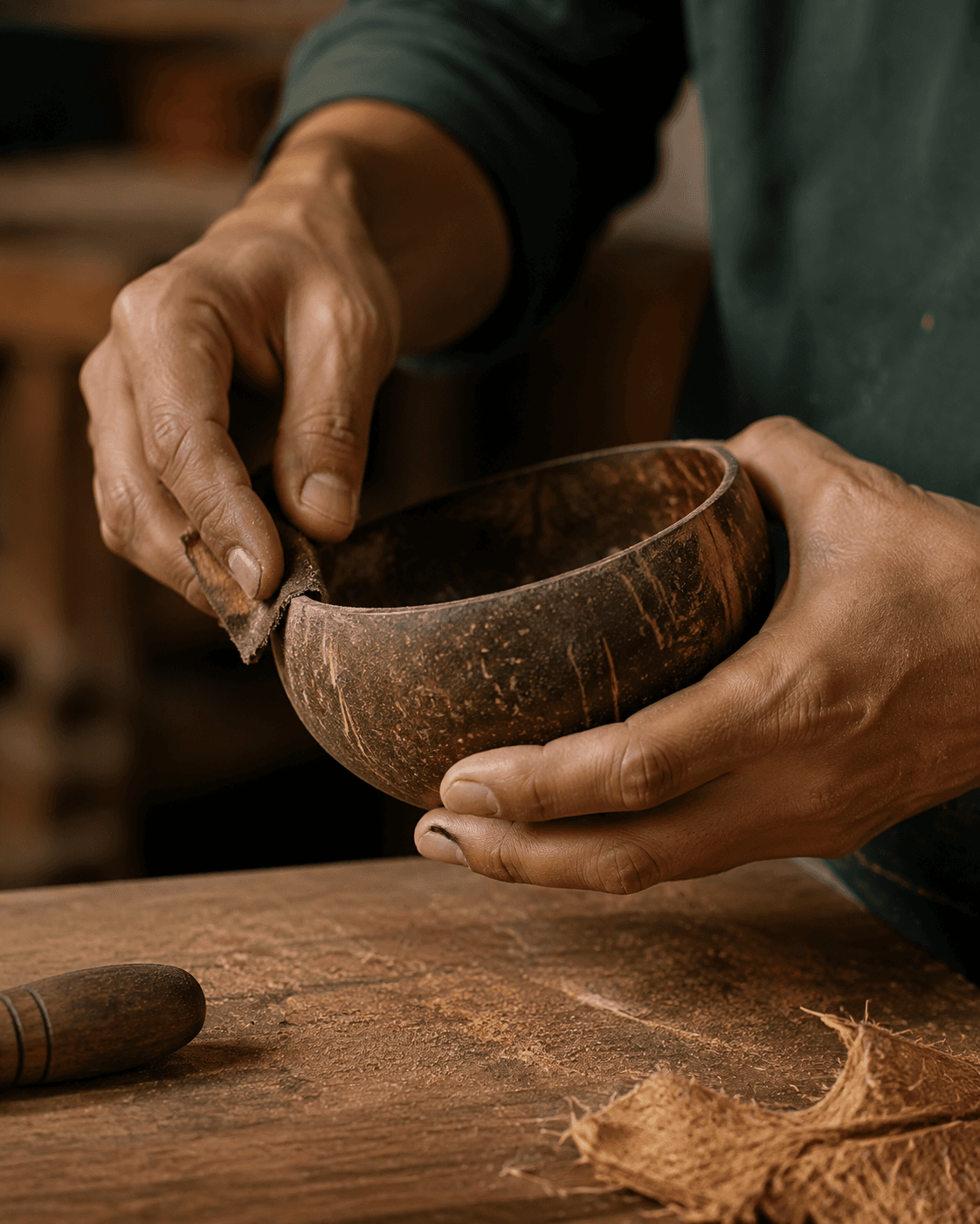 Artisan shaping a coconut shell bowl by hand